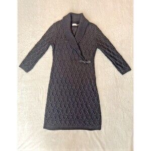Calvin Klein Womens Cable Knit Sweater Dress Size L Belt Accent Gray Black